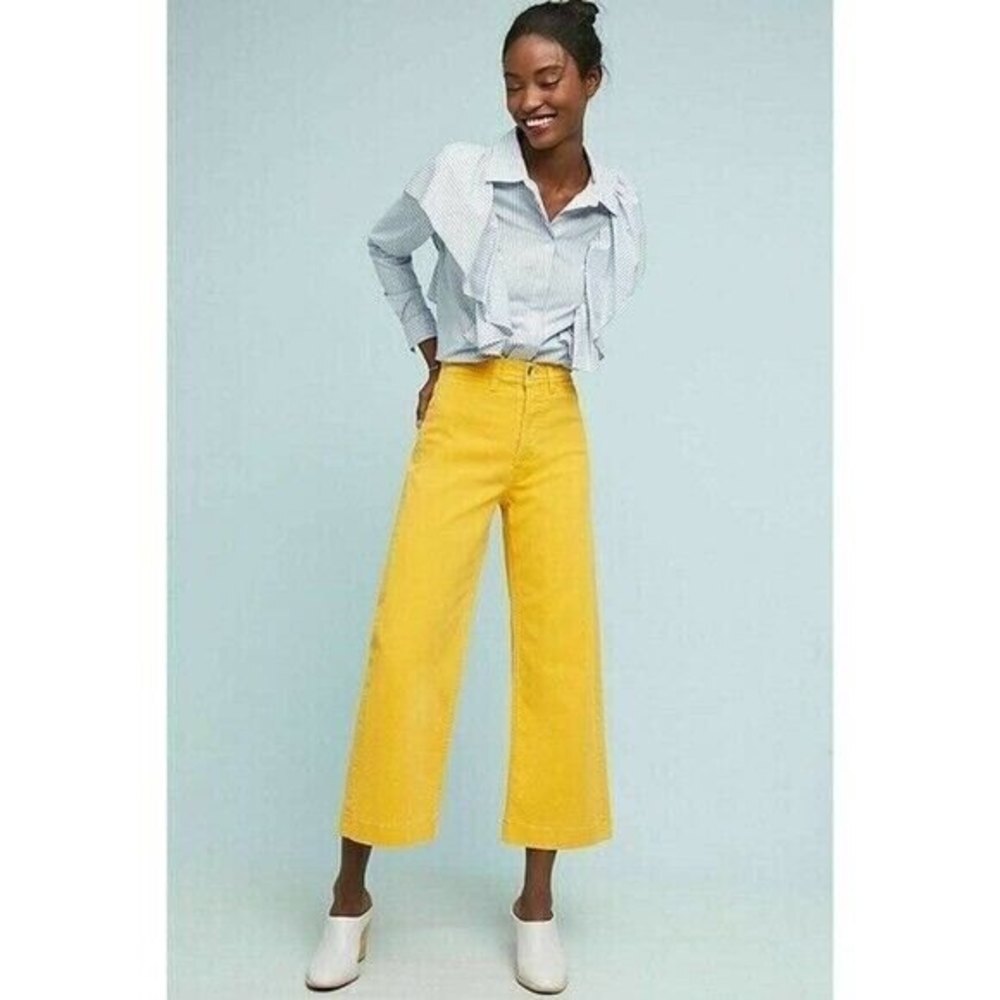 M.I.H. Jeans Saffron Caron Neon Yellow Cropped High‎ Rise Wide Leg Pants Size XS